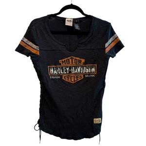 Harley Davidson Short Sleeve Side Tie Graphic Tee Shirt Black Women’s Medium‎
